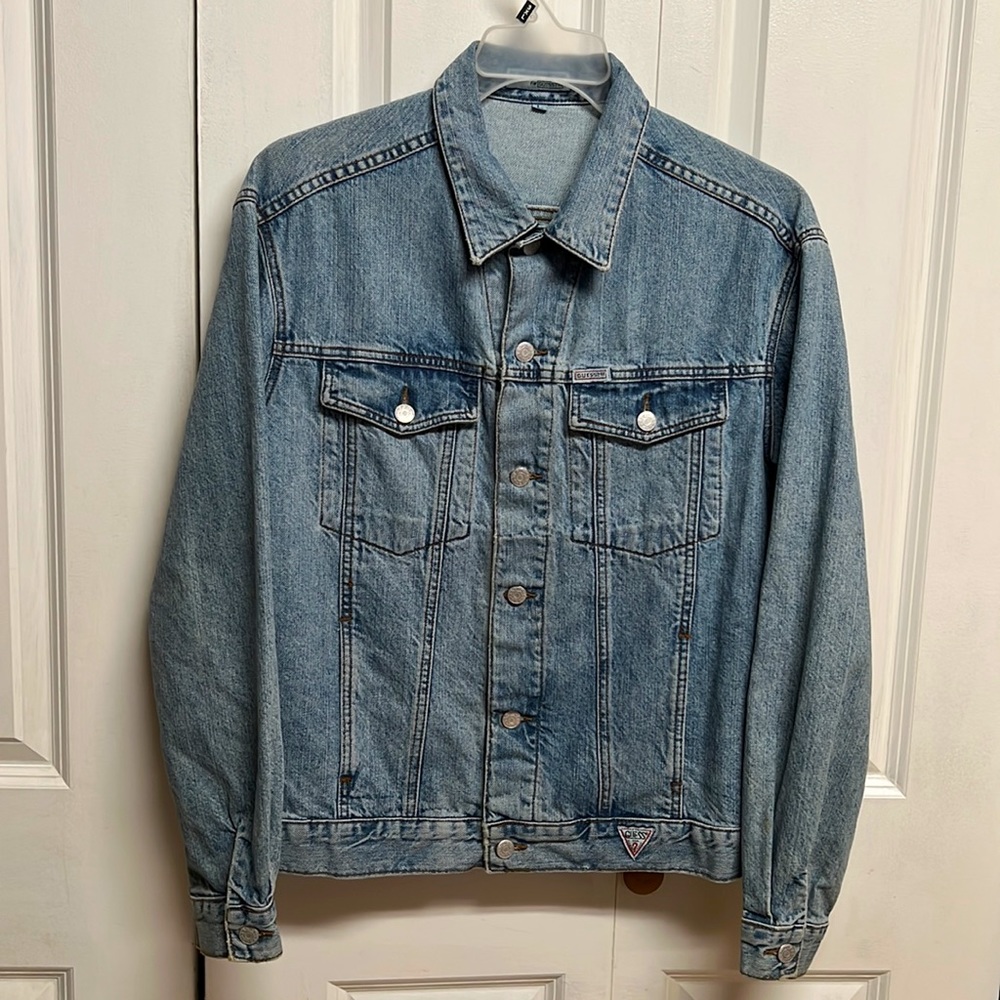 Vintage Guess by Marciano Distressed Faded Blue Denim Mens Jean Jacket Size L